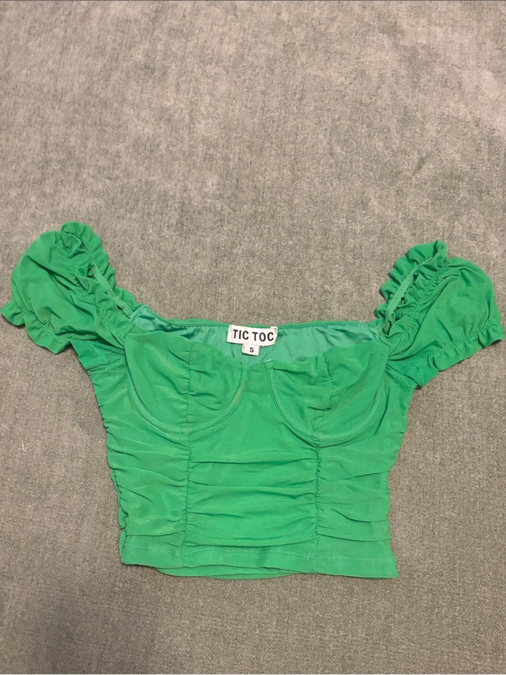 TIC TOC Green Ruched Puff-Sleeve Crop Top